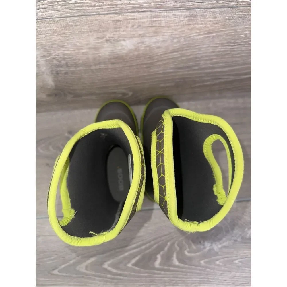 Bogs Waterproof-4f Slushie Web Geometric  Little Boy Sz 13 Gray Green Rain Boots